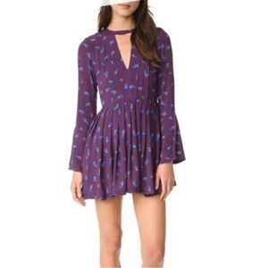 Free People A-Line Floral Bell Sleeve Mini Dress XS Keyhole Bluebell Boho